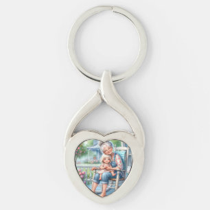 Grandmother Granddaughter Porch Embrace Key Ring