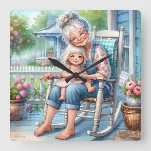 Grandmother Granddaughter Porch Embrace Square Wall Clock