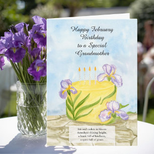 Grandmother Happy February Irises Birthday Cake Card