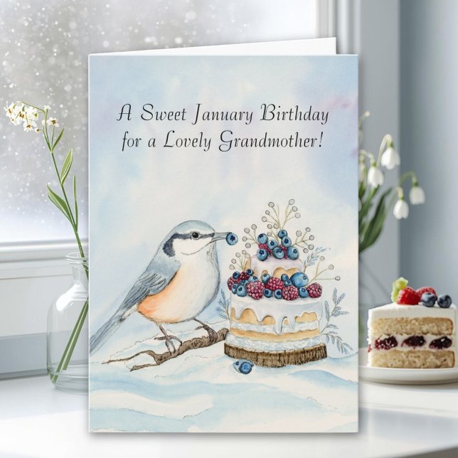 Grandmother Happy January Birthday Nuthatch  Card (Creator Uploaded)