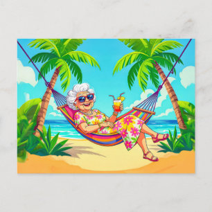 Grandmother in Hammock with Cocktail Illustration Holiday Postcard