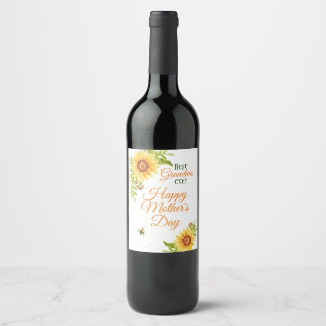 Grandmother Mother's Day Floral Sunflower Wine Label (Front)