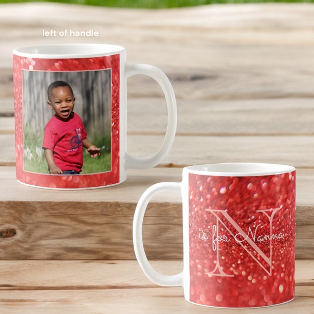 Grandmother Nanna Monogram Initial Coral Photo Coffee Mug (custom photo mug front and back)