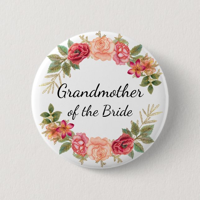 Grandmother of the Bride Pink Red Floral Wreath 6 Cm Round Badge (Front)