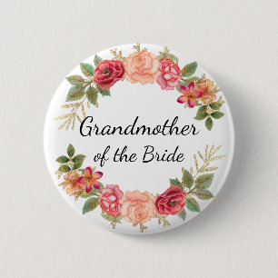 Grandmother of the Bride Pink Red Floral Wreath 6 Cm Round Badge