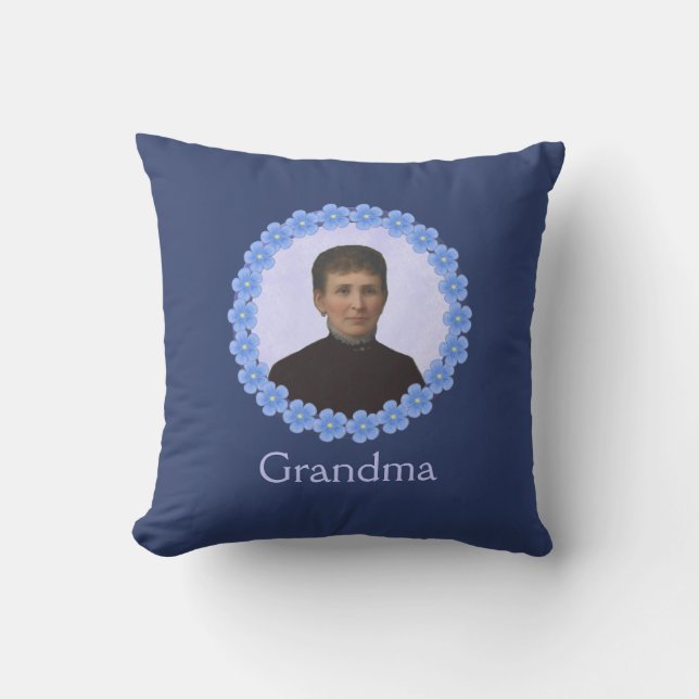 Grandmother Photo in Blue Flower Frame Custom Cushion (Front)