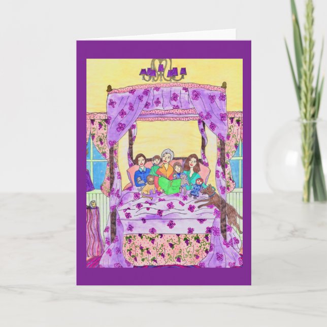 Grandmother reads to children, dog Greeting Card (Front)