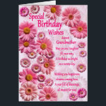 Grandmother Special Birthday Wishes Pink Daisies<br><div class="desc">A beautiful birthday card for a grandmother. A wonderful birthday card full of pink daisies. A lovely heartfelt verse completes the lovely feeling this card brings. send sincere birthday wishes to someone special.</div>
