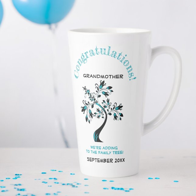 Grandmother To Be Blue Family Tree Announcement Latte Mug (design on both sides of the handle)