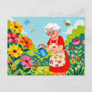Grandmother Watering Garden Illustration Holiday Postcard