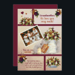 Grandmother We Love You Photo Fall Floral | Text   Card<br><div class="desc">What better way to tell your Grandmother how much she means to you than with this dark red to maroon and rusty terracotta with gold tone and winter white accents photo floral bouquets on a rustic watercolor blush to dark gradient look background keepsake design. She will have something to treasure...</div>