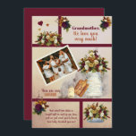 Grandmother We Love You Photo Fall Floral | Text   Card<br><div class="desc">What better way to tell your Grandmother how much she means to you than with this dark red to maroon and rusty terracotta with gold tone and winter white accents photo floral bouquets on a rustic watercolor blush to dark gradient look background keepsake design. She will have something to treasure...</div>