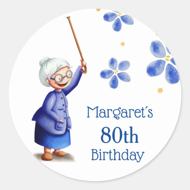 Grandmother with Cane and Bun Floral Blue Birthday Classic Round Sticker (Front)