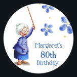 Grandmother with Cane and Bun Floral Blue Birthday Classic Round Sticker<br><div class="desc">Beautiful and cute stickers with an illustration of a woman holding a cane. Personalise the text with your own information. Illustrated and designed by Patricia Alvarez.</div>