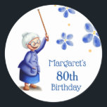 Grandmother with Cane and Bun Floral Blue Birthday Classic Round Sticker<br><div class="desc">Beautiful and cute stickers with an illustration of a woman holding a cane. Personalise the text with your own information. Illustrated and designed by Patricia Alvarez.</div>