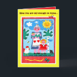 Grandmother with grandchildren birthday greetings card<br><div class="desc">Folk artist Gloria Meer brightens up anybody’s birthday with her colourful vibrant images keeping us feeling young. Here a granny tends to her grandchildren as we are reminded to love and never grow old. The card reads: Now you are old enough to know… And inside it says: a tomato is...</div>