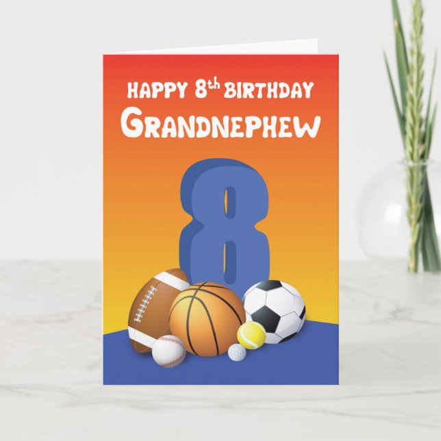 Grandnephew 8th Birthday Sports Balls Card (Front)