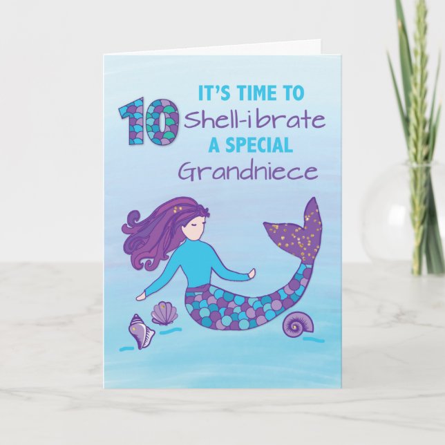 Grandniece 10th Birthday Sparkly Look Mermaid Card (Front)