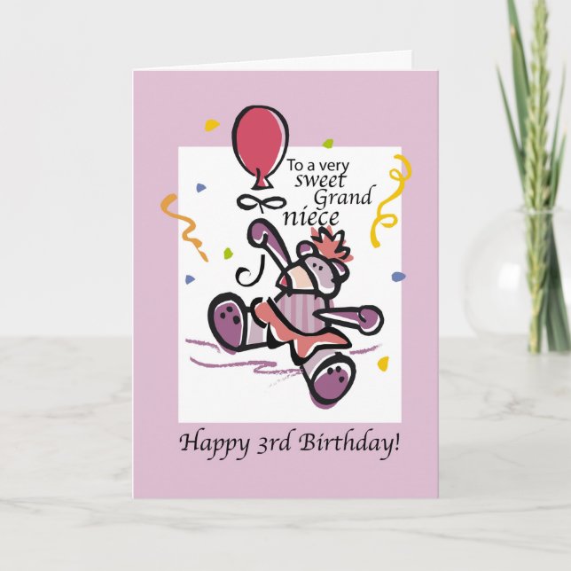 Grandniece 3rd Birthday Bear Balloon, Girl Card (Front)