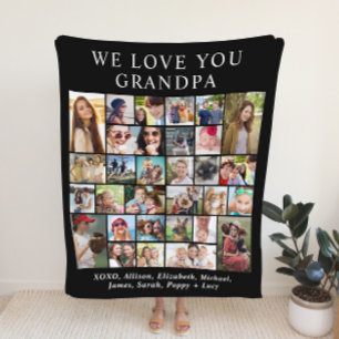 Grandpa 30 Photo Collage Black Fleece Blanket