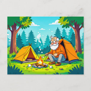 Grandpa camping and grilling in the wilderness holiday postcard