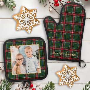 Grandpa Christmas Plaid Custom Gold Family Photo Oven Mitt & Pot Holder Set