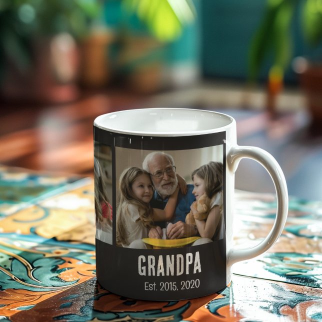 Grandpa established black grunge script 3 photo coffee mug (Creator Uploaded)