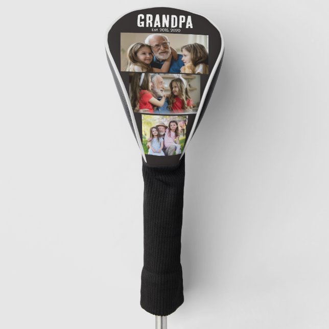 Grandpa established black grunge script 3 photo golf head cover (Front)