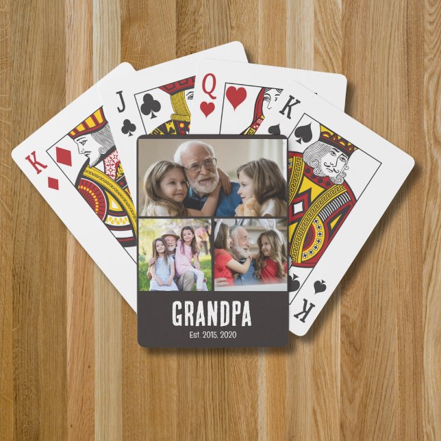 Grandpa established black grunge script 3 photo playing cards (Creator Uploaded)