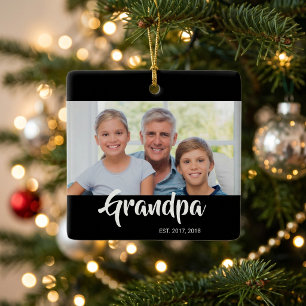 Grandpa Established Black White Script Photo Ceramic Ornament