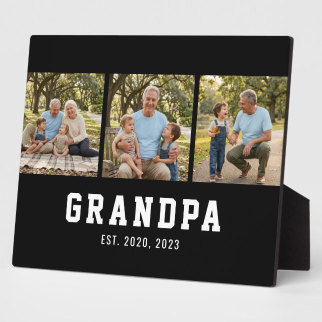 Grandpa Established Bold Modern Black 3 Photo Plaque (Side)