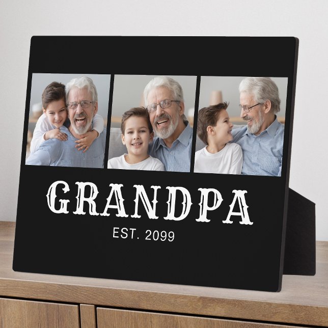 Grandpa Established Bold Typography Black 3 Photo Plaque (Creator Uploaded)