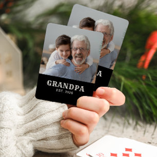 Grandpa Established Bold Typography Black Photo Playing Cards