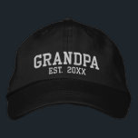 Grandpa Established date white custom athletic Embroidered Hat<br><div class="desc">Grandpa Established date black and white personalised custom athletic sports text Embroidered Baseball Cap.  Available in many colours and options.
Modern,  minimalist,  simple,  elegant style.
with fully customisable text.
Great for Father's Day,  grandpa's birthday,  grandparents,  grandpa</div>