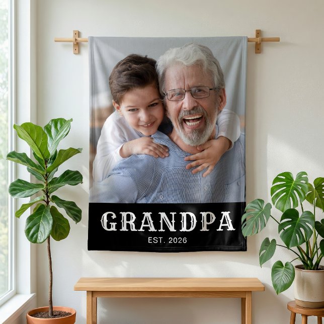 Grandpa Established Decorative Typography Photo Fleece Blanket (Creator Uploaded)