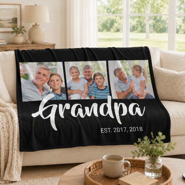 Grandpa Established Elegant Script Black 3 Photo Fleece Blanket (Grandpa Established Elegant Script Black 3 Photo Fleece Blanket)