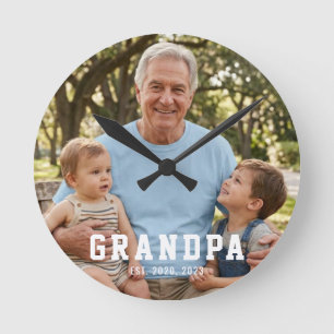 Grandpa Established Modern Bold White Photo Round Clock