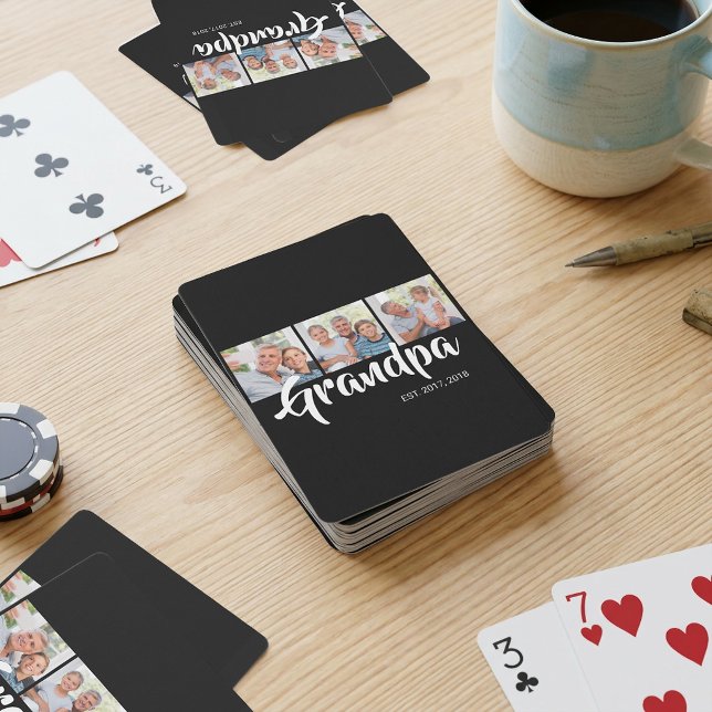 Grandpa Established Modern Script Black 3 Photo Playing Cards (randpa Established Modern Script Black 3 Photo Poker Cards)