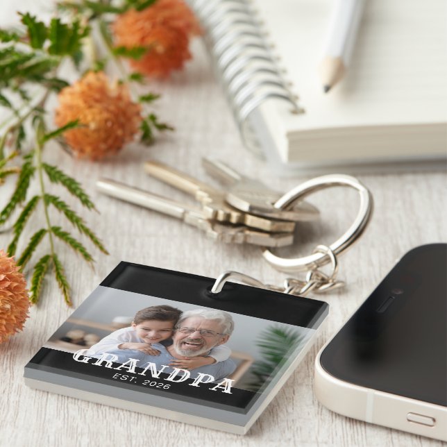 Grandpa Established Modern Typography Photo Key Ring (Front Right)