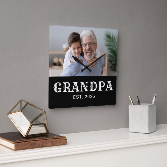 Grandpa Established Modern White Typography Photo Square Wall Clock (Office)