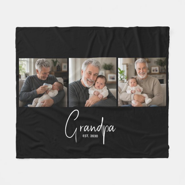 Grandpa Established Script Black 3 Photo  Fleece Blanket (Front (Horizontal))