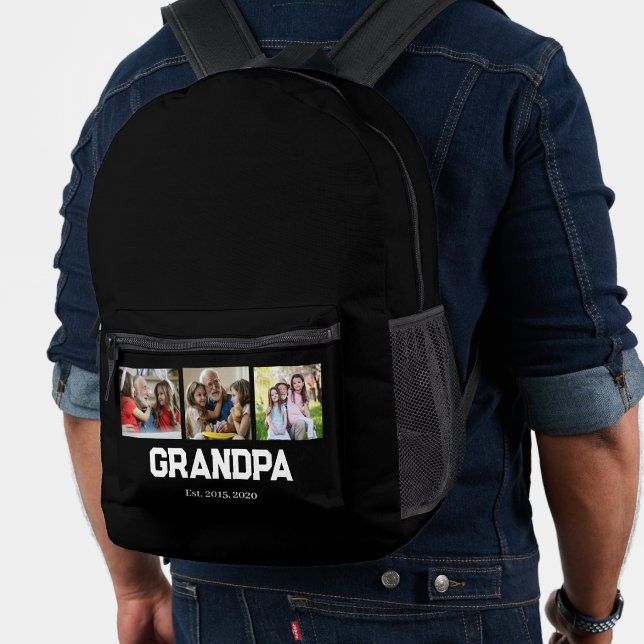Grandpa Established simple Script Black 3 Photo Printed Backpack (Creator Uploaded)