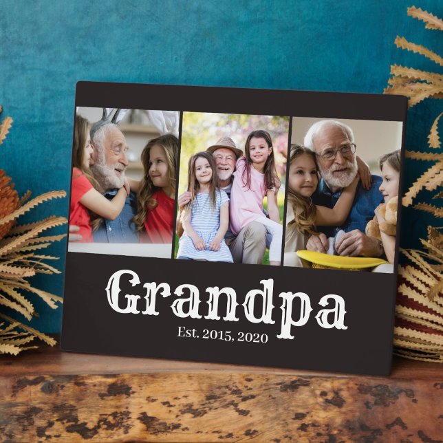 Grandpa established simple white script 3 photo plaque (Creator Uploaded)