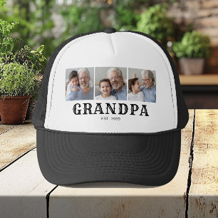 Grandpa Established Typography Black 3-Photo Trucker Hat