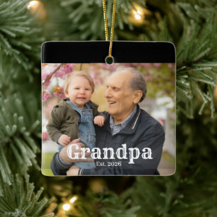 Grandpa Established White simple bold text photo Ceramic Ornament