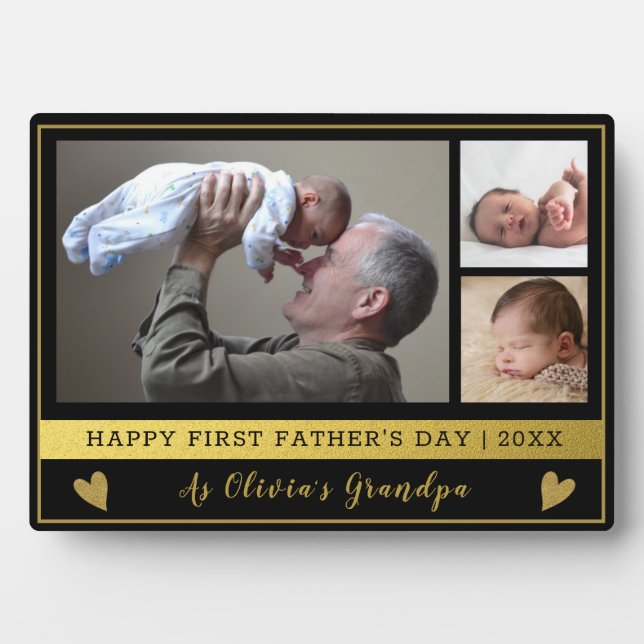 Grandpa First Father's Day 3 Photo Black And Gold Plaque (Front)