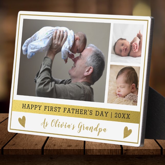 Grandpa First Father's Day 3 Photo Collage Gold Plaque (Creator Uploaded)