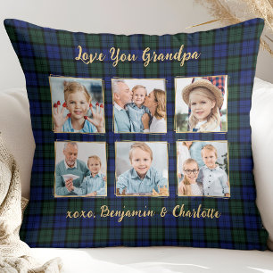 Grandpa Gift Custom Photo Collage Holiday Plaid Cushion