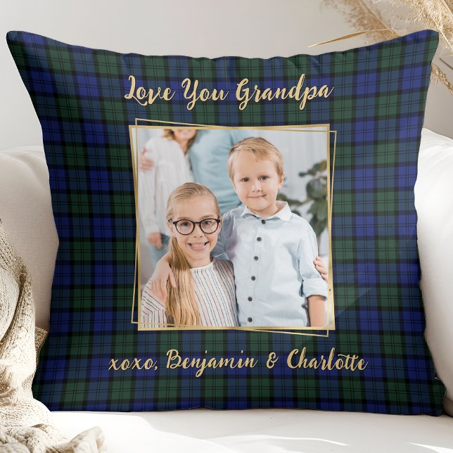 Grandpa Gift Personalised Photo Holiday Plaid Cushion (Creator Uploaded)