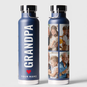 Grandpa   Grandfather Simple 4 Photo Name Navy  Water Bottle
